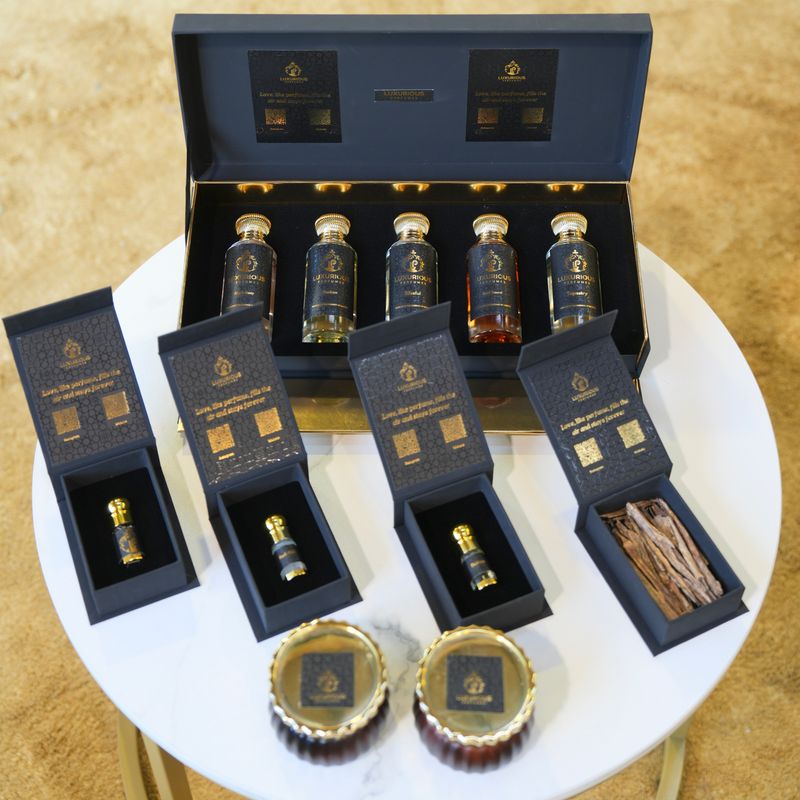 5 Perfumes Box With 3 Oils + Agarwood + Muatar + Bakhoor