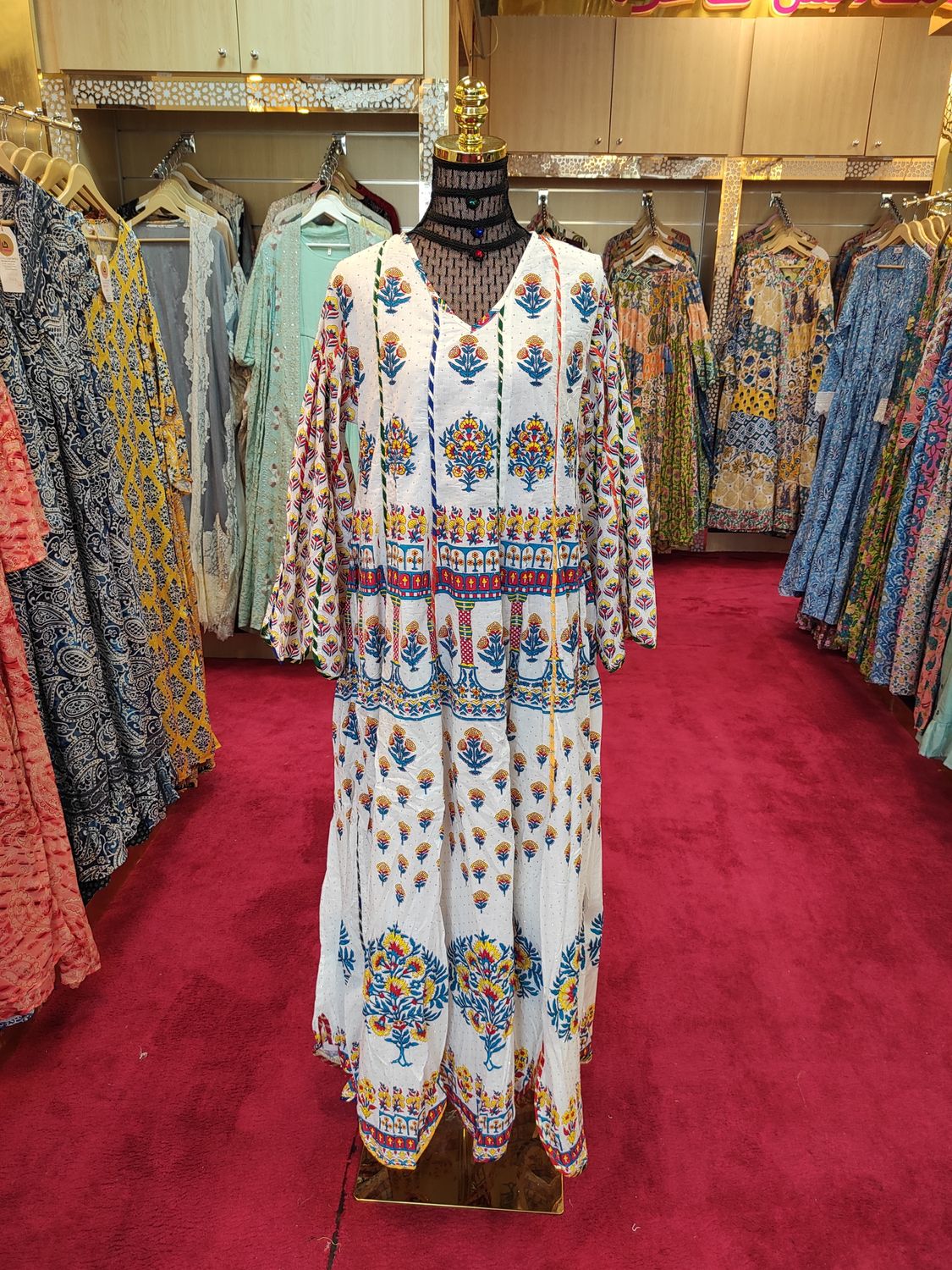 S/M  Meher  White Crystal  printed Cotton  Dress 57&quot; Long Jalabiya