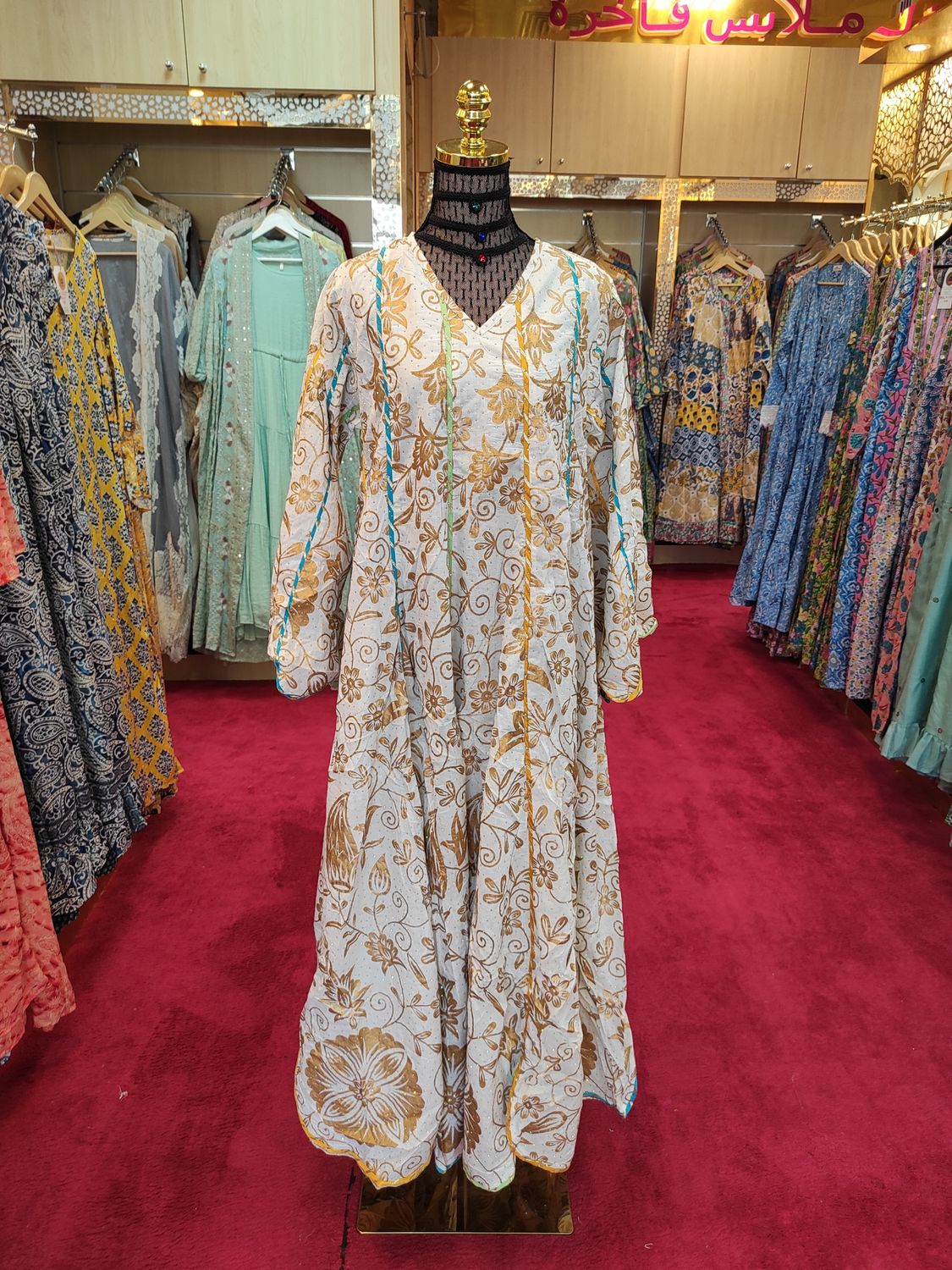 S/M  Meher  White Crystal  printed Cotton  Dress 57&quot; Long Jalabiya