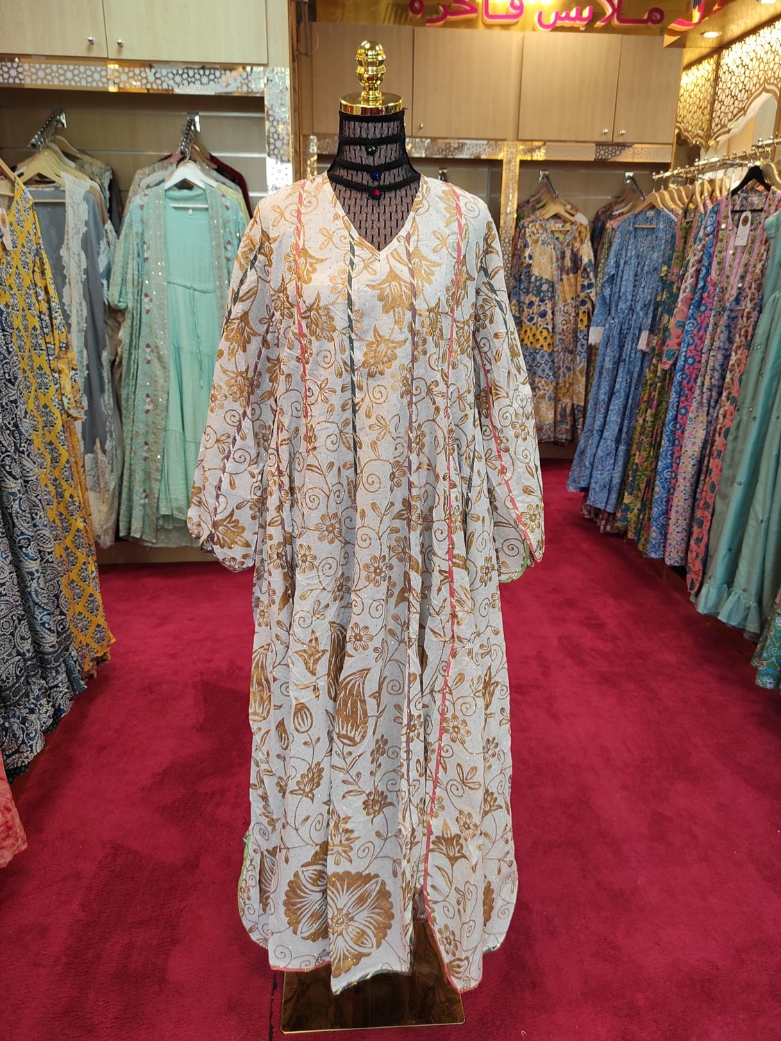 S/M  Meher  White Crystal  printed Cotton  Dress 57&quot; Long Jalabiya