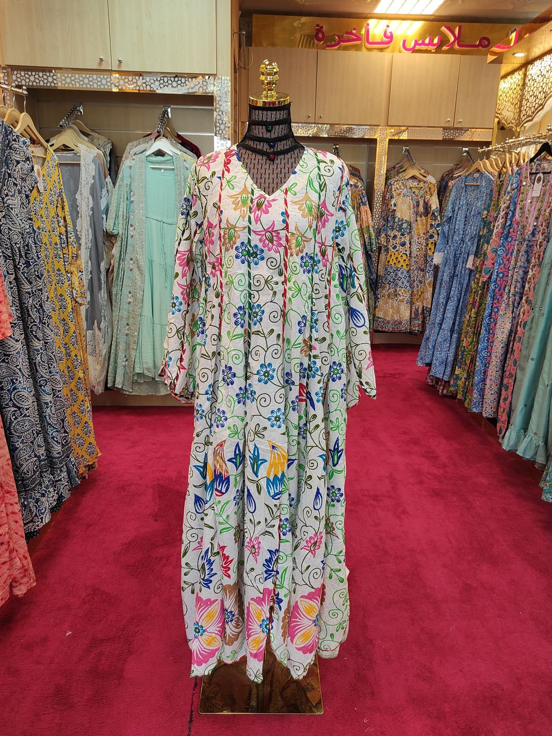 S/M  Meher  White Crystal  printed Cotton  Dress 57&quot; Long Jalabiya