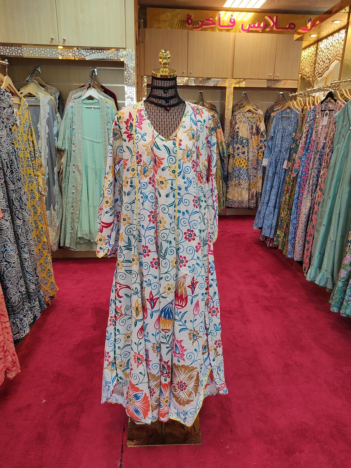 S/M  Meher  White Crystal  printed Cotton  Dress 57&quot; Long Jalabiya