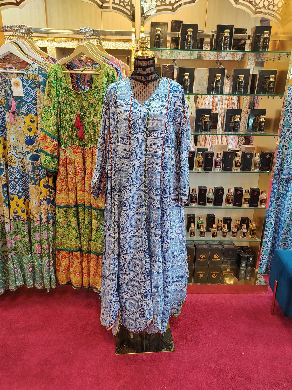 L/XL Meher Blue Crystal Printed Cotton Dress 57&quot; Long Jalabiya