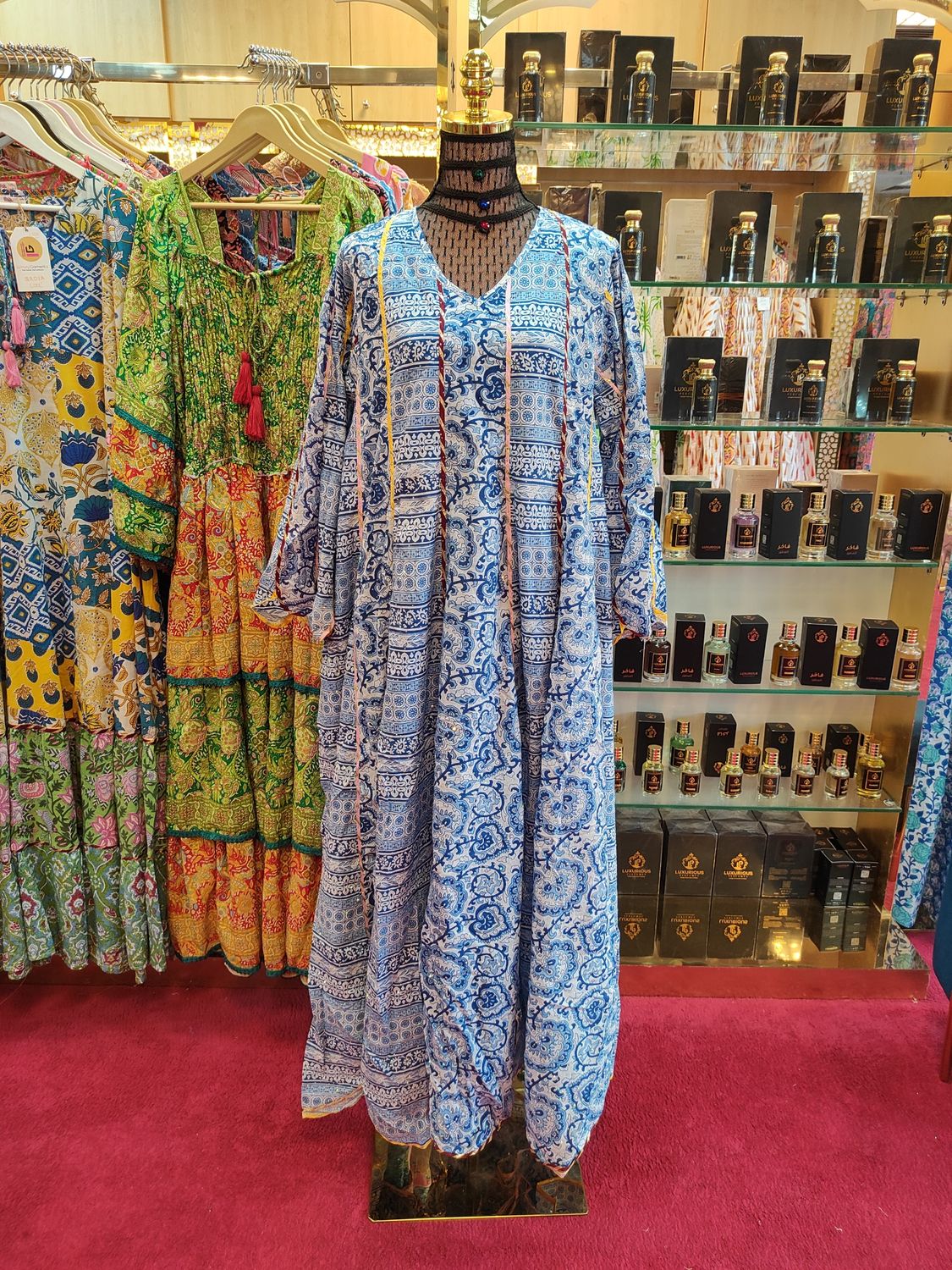 S/M Meher Crystal Multi Printed Cotton Dress 57&#39;&#39; Long Jalabiya
