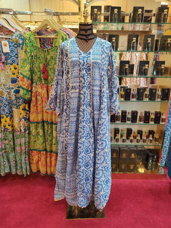 S/M Meher Crystal Multi Printed Cotton Dress 57&#39;&#39; Long Jalabiya