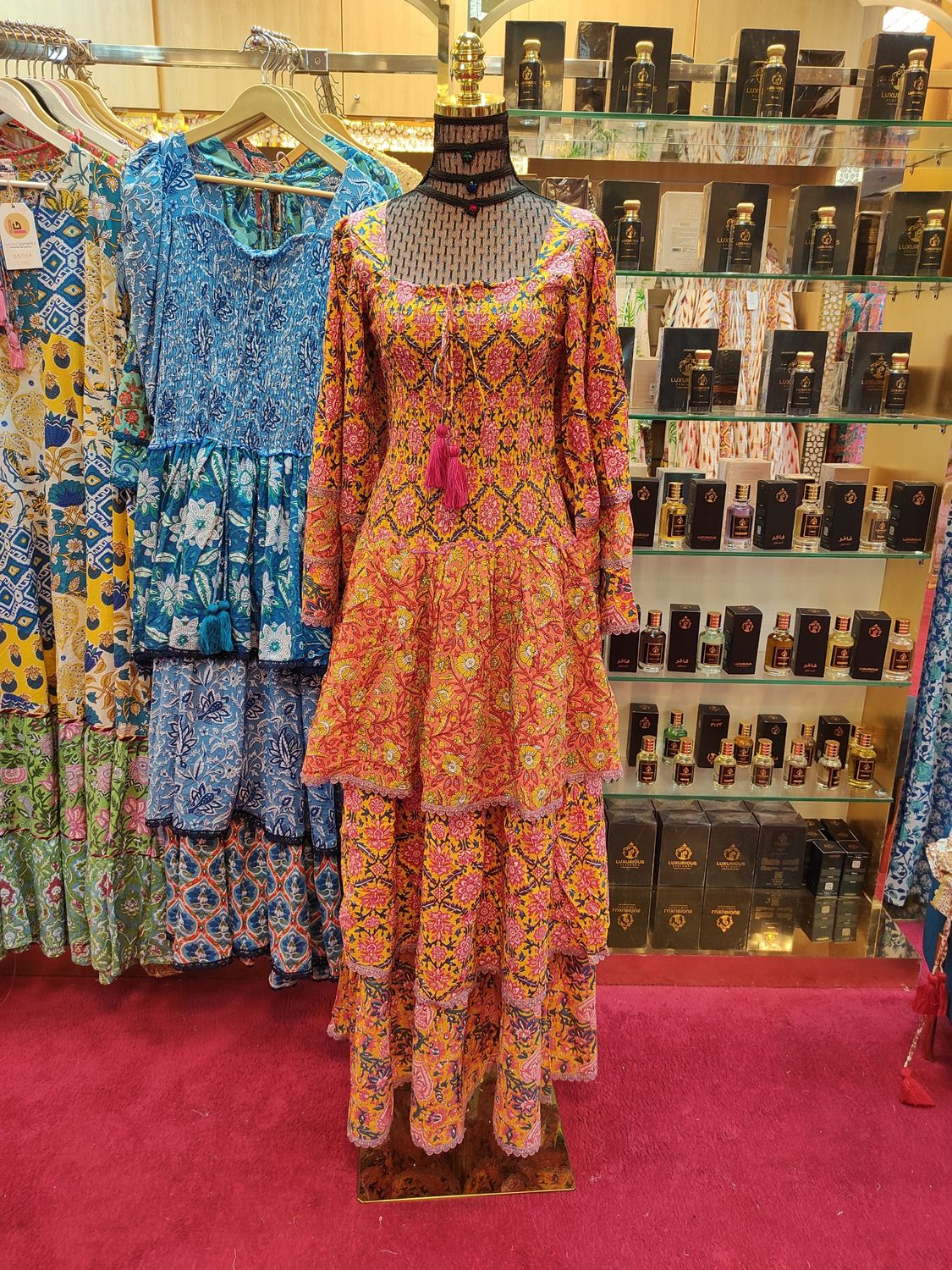 S/M   Crystal Rahima Yellow Printed Cotton  Dress 57&quot; Long Jalabiya