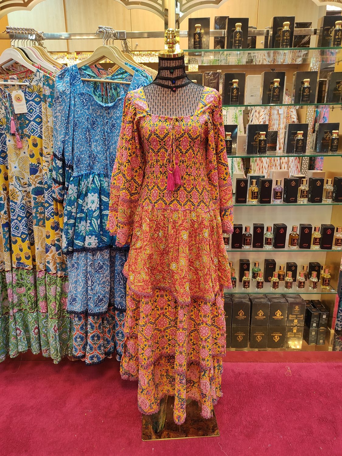 L/XL  Crystal Rahima Yellow Printed Cotton  Dress 57&quot; Long Jalabiya