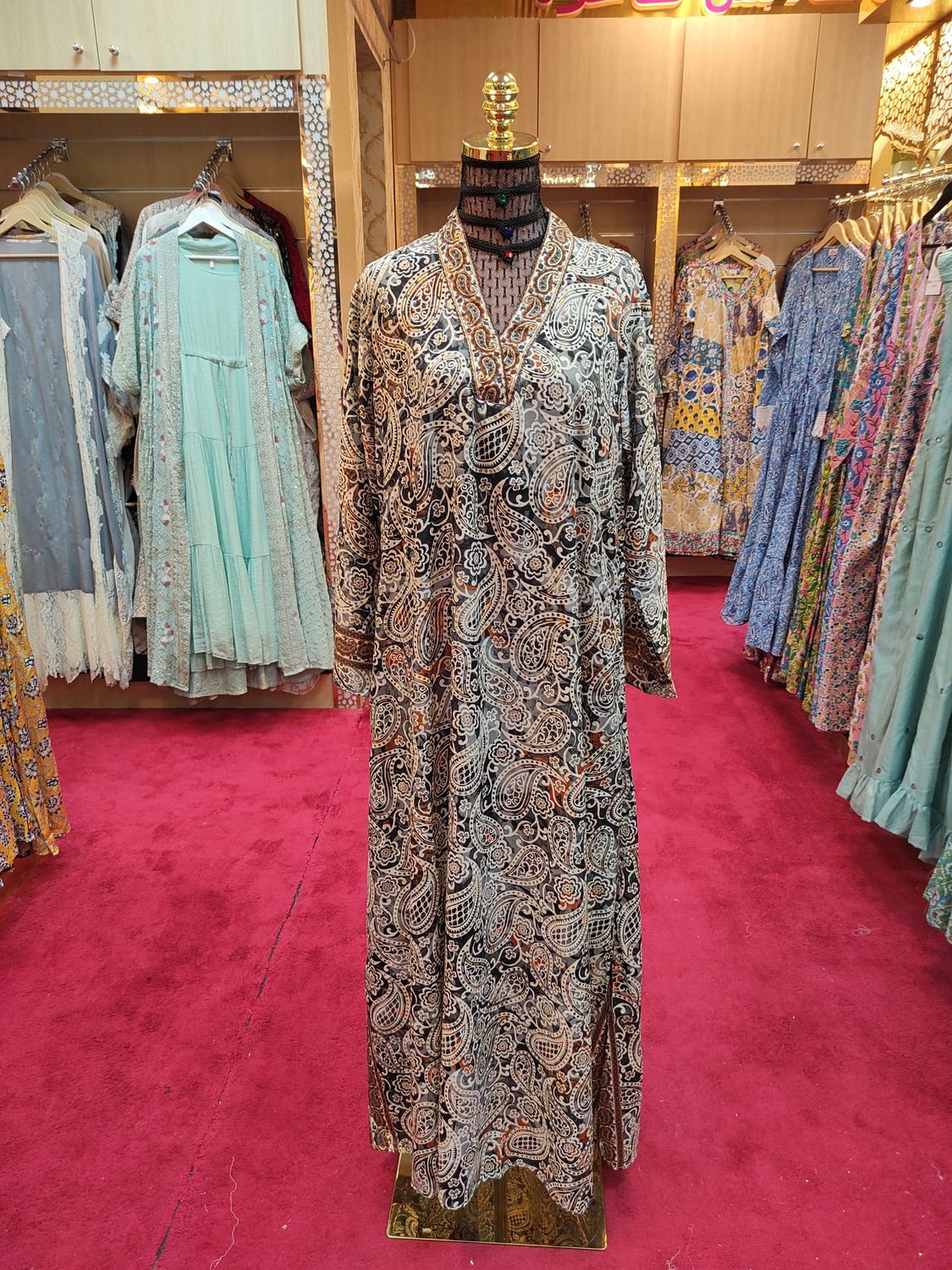 L/XL Teena Printed Silk Dress 56&quot; Long Jalabiya