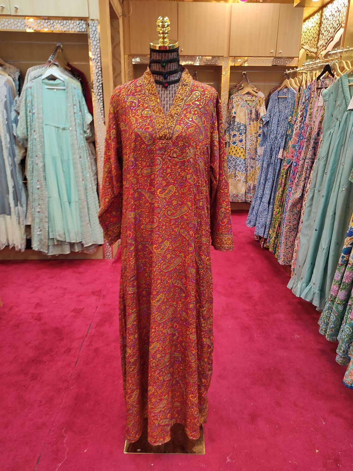 L/XL Teena Printed Silk Dress 56&quot; Long Jalabiya