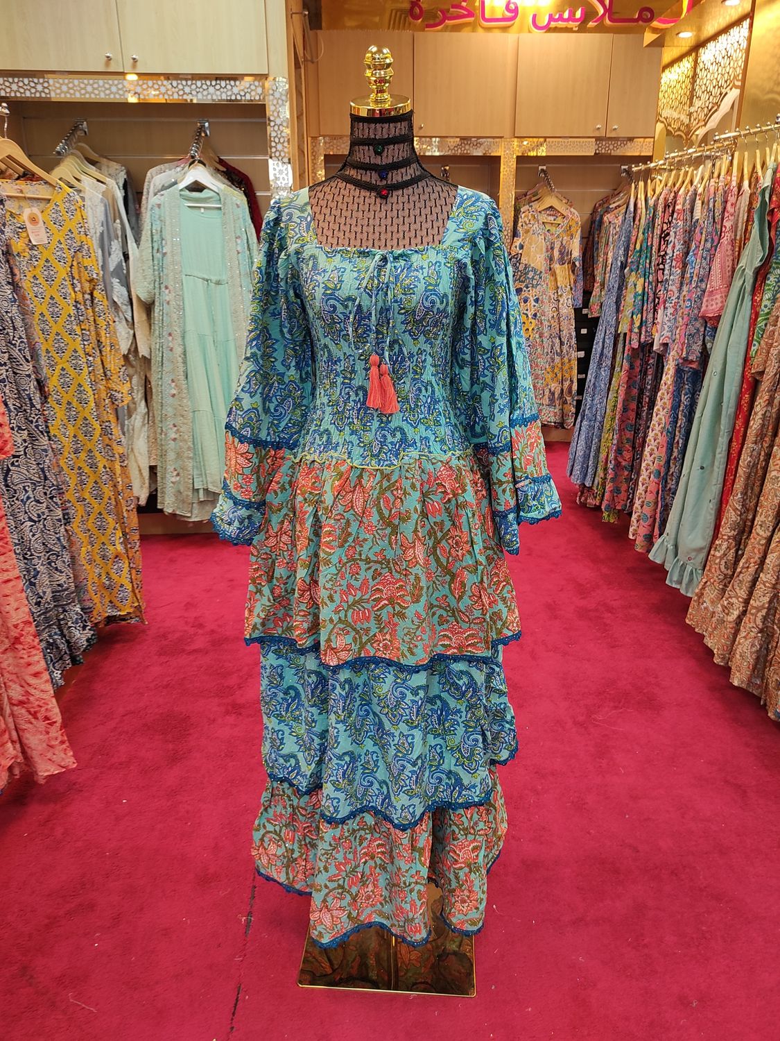 S/M  Crystal Rahima Multi Printed Cotton  Dress 57&quot; Long Jalabiya