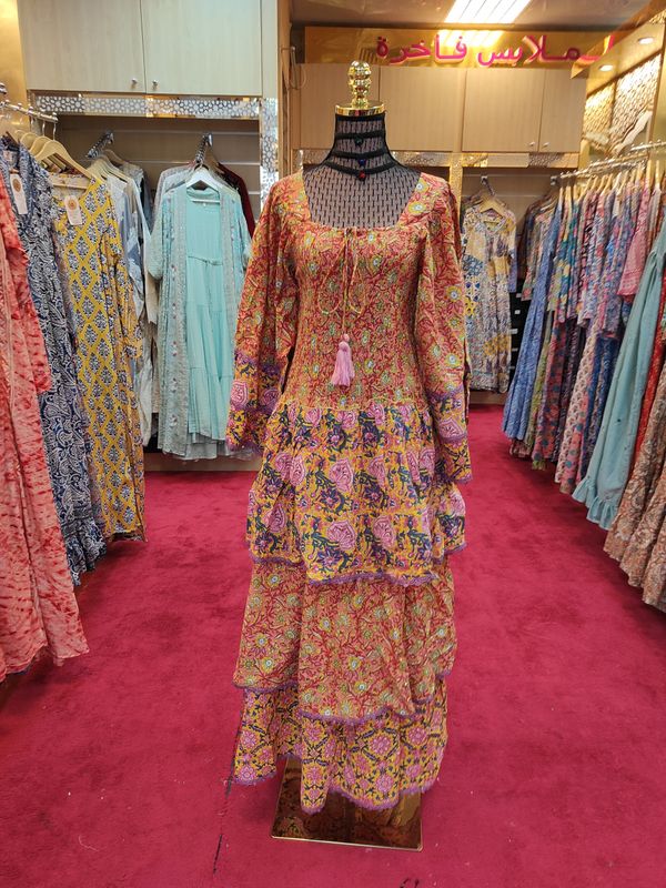 L/XL  Crystal Rahima Yellow Printed Cotton  Dress 57&quot; Long Jalabiya