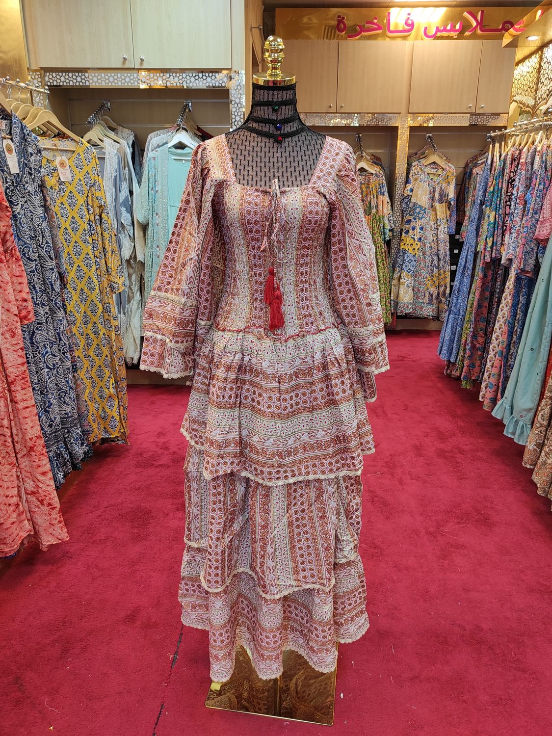 S/M   Crystal Rahima Gold Printed Cotton  Dress 57&quot; Long Jalabiya