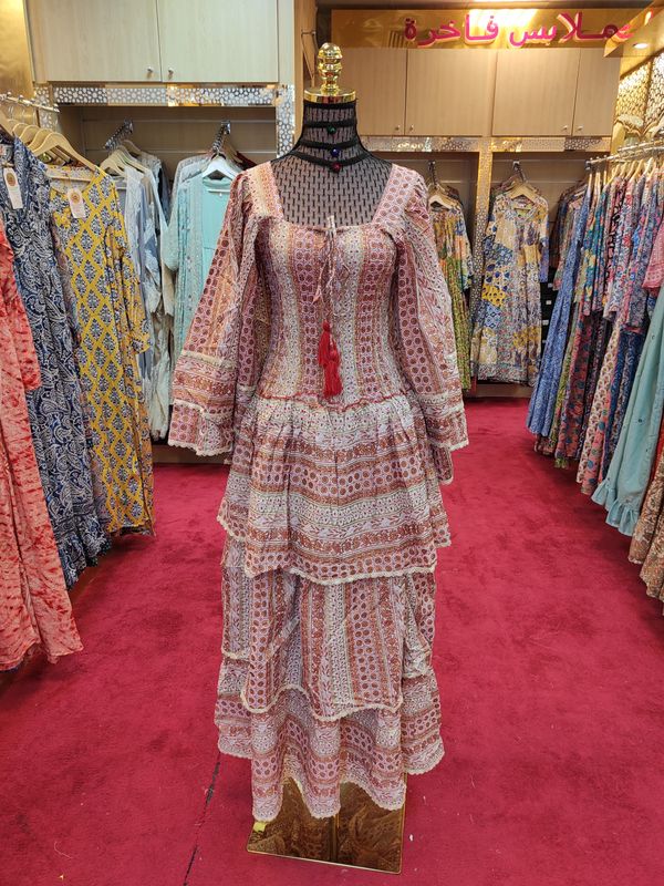 S/M   Crystal Rahima Gold Printed Cotton  Dress 57&quot; Long Jalabiya