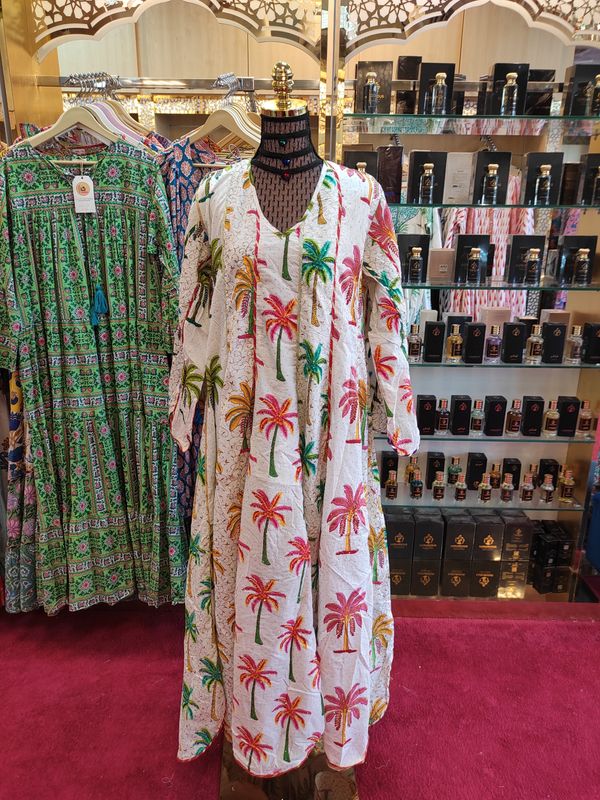 L/XL   Meher Crystal White Cotton Dress 56&quot; Long Jalabiya