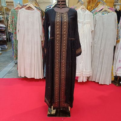 S/M Bhopali Crystal Black Plain Golden Printed Cotton Dress 55&quot; Long Jalabiya