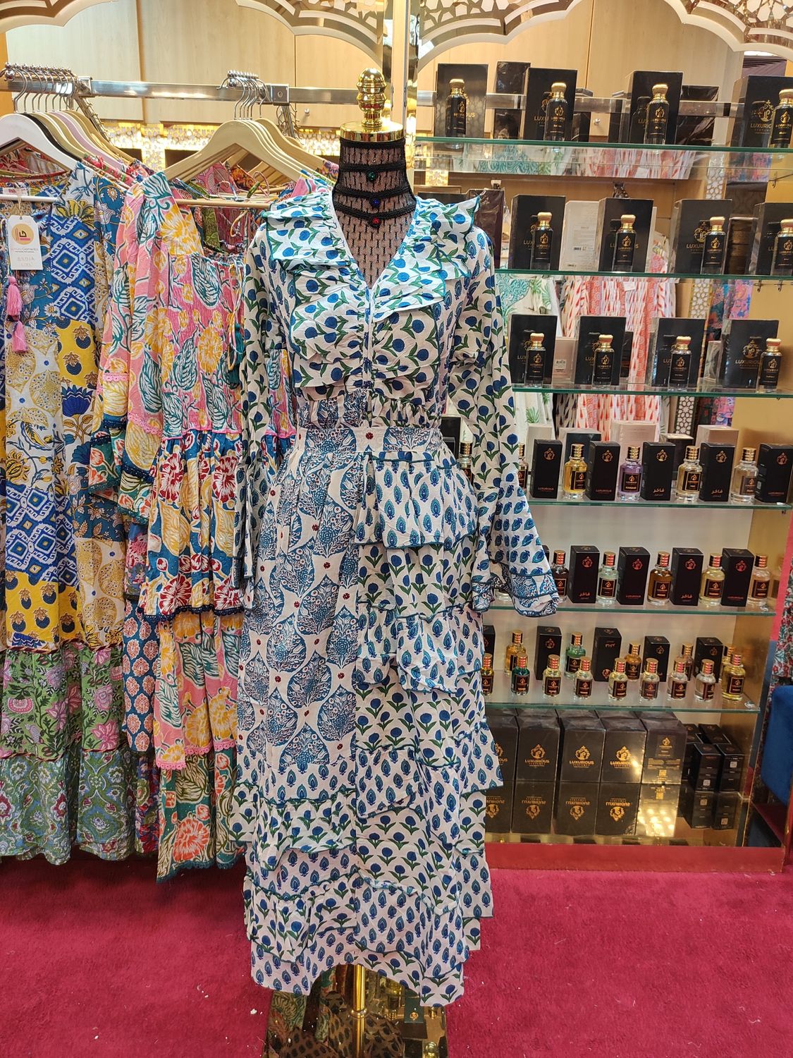 XS/S  Sabah Blue Printed Cotton Dress 54&quot; Long Jalabiya