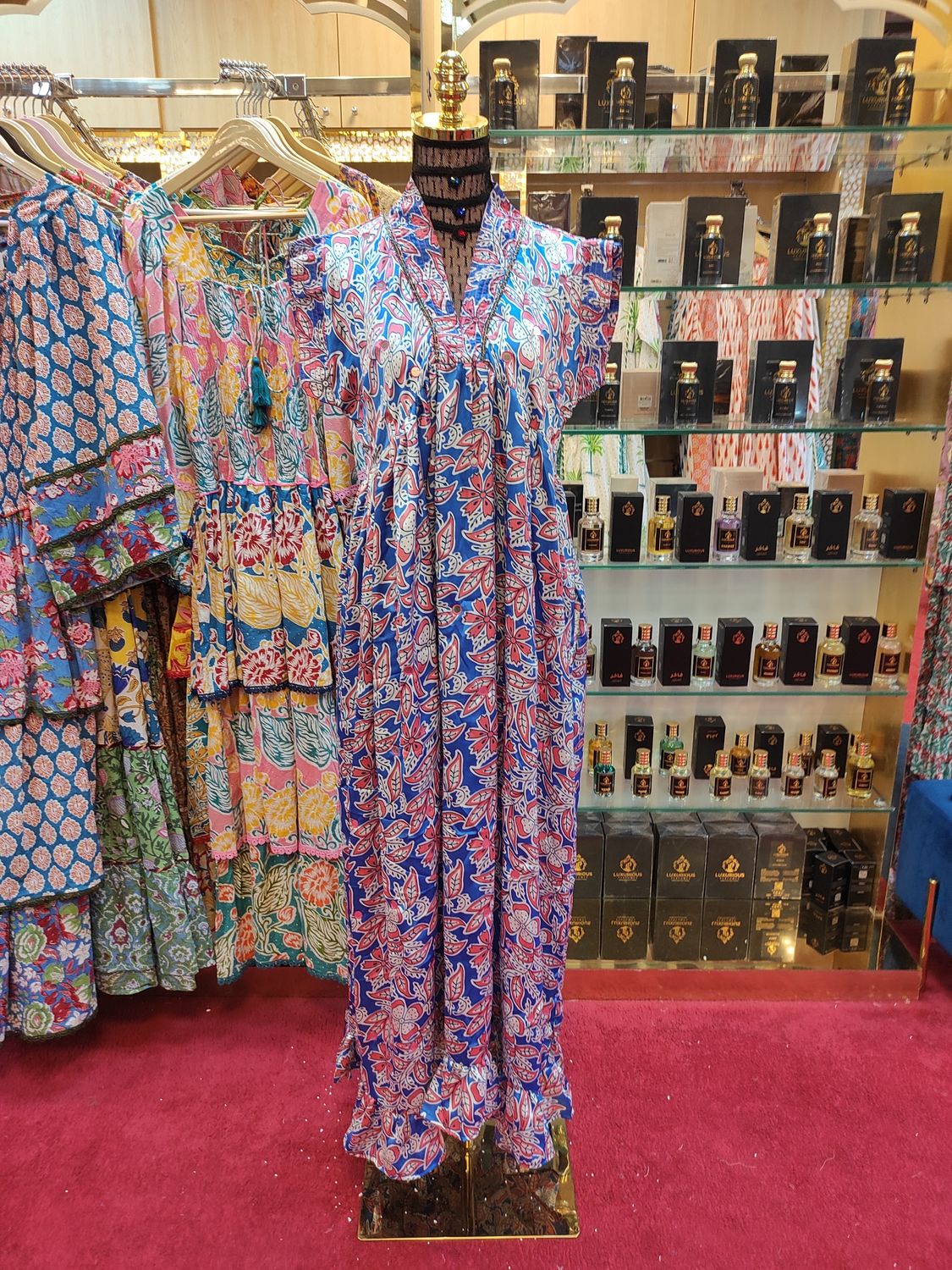 XS/S Amani  Print Silk Dress 54&quot; Short Sleeves Jalabiya