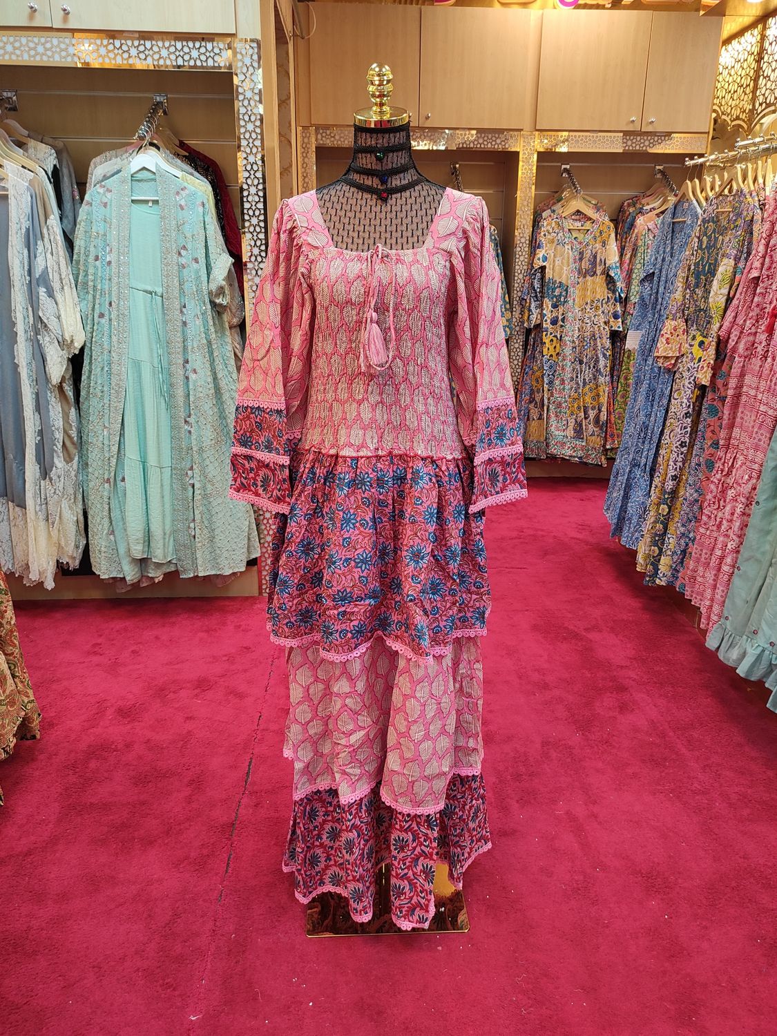 O/S  Rahima Pink Printed Cotton  Dress 57&quot; Long Jalabiya