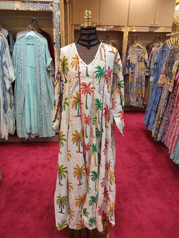 L/XL   Meher Crystal White Cotton Dress 56&quot; Long Jalabiya