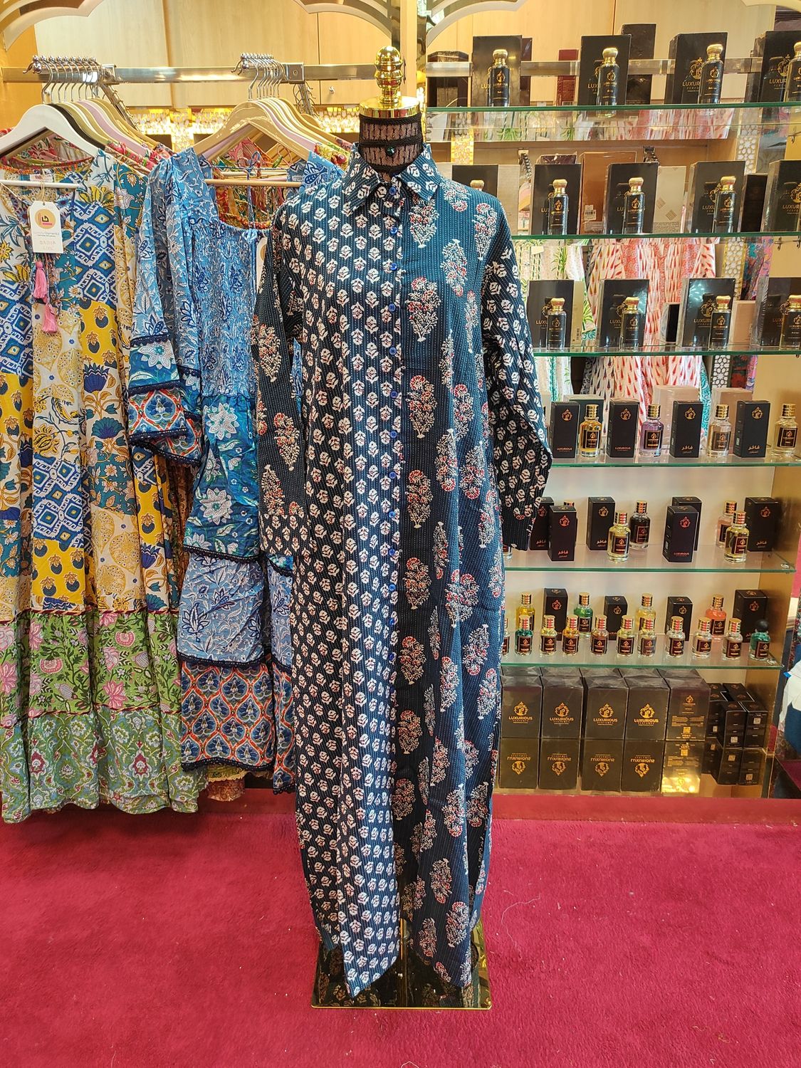 S/M Singapore Blue Printed Cotton Dress 57&quot; Long Jalabiya