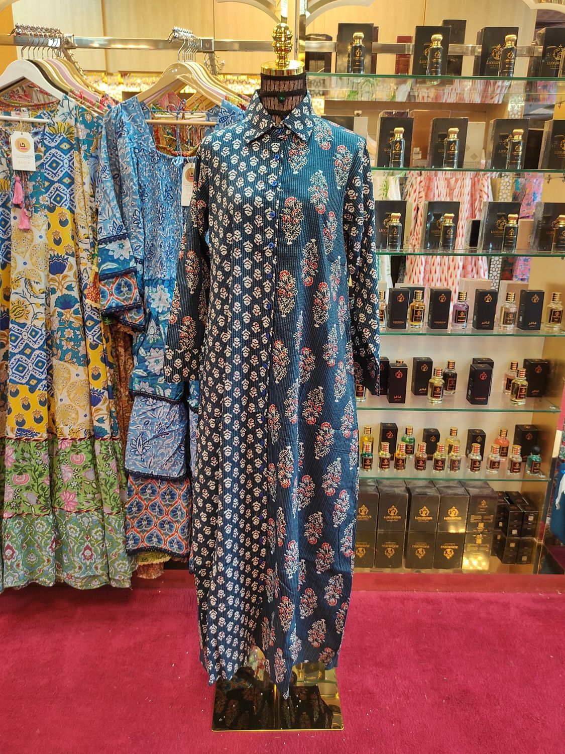 XS/S Singapore Blue Printed Cotton Dress 54&quot; Long Jalabiya