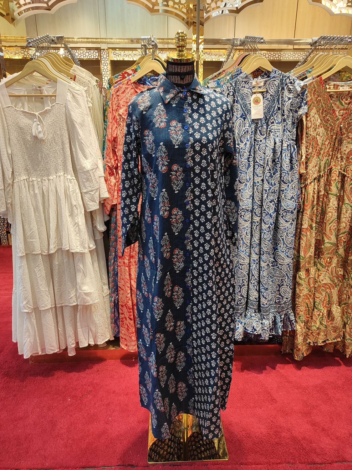 XS/S Singapore Blue Printed Cotton Dress 54&quot; Long Jalabiya