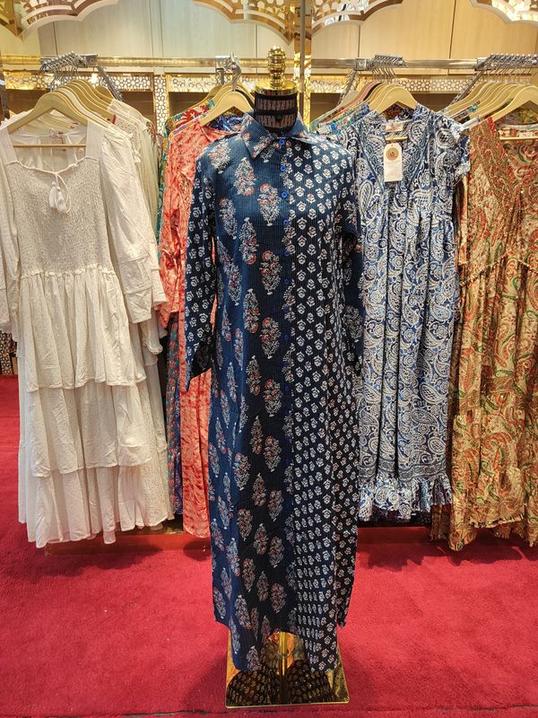 XS/S Singapore Blue Printed Cotton Dress 54&quot; Long Jalabiya