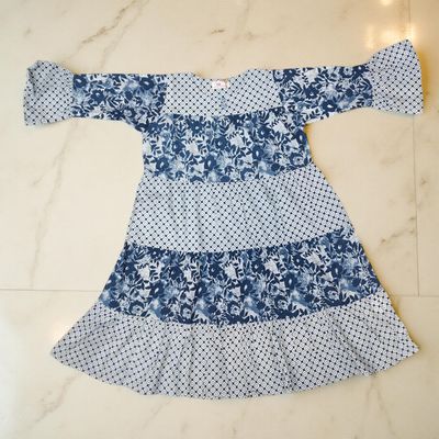 8-9 Year Moon White And Blue Printed Cotton Girls Dress 42&quot; Long Jalabiya