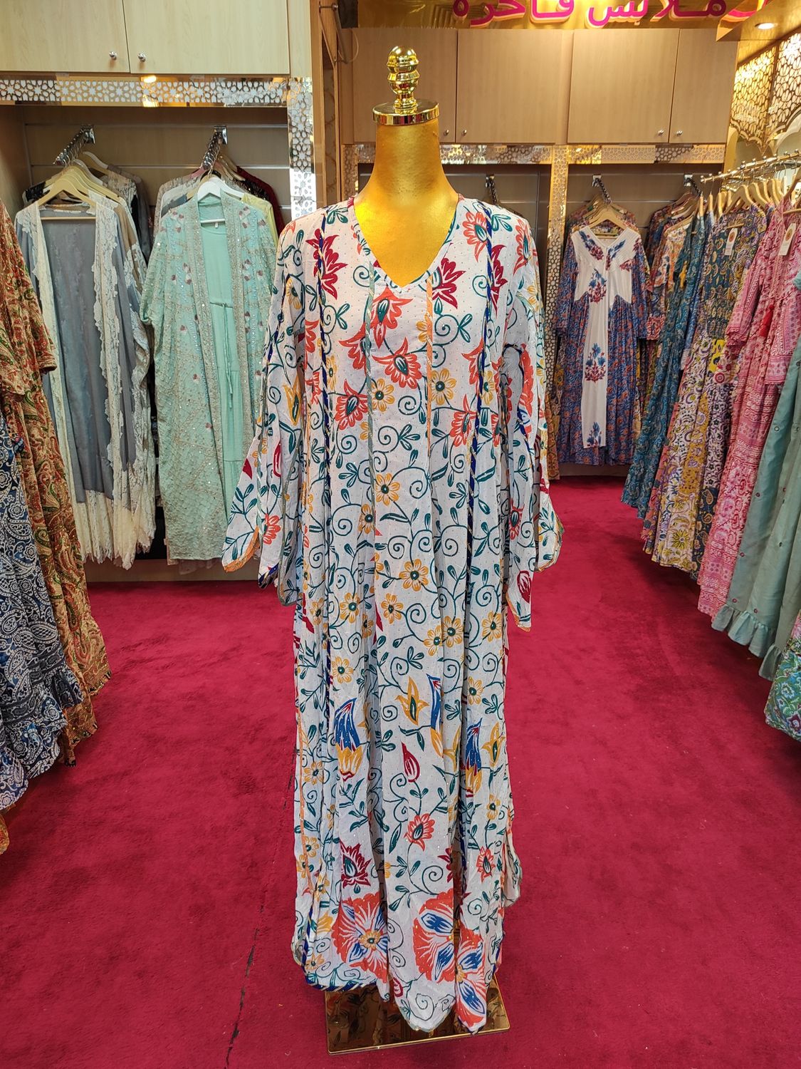 S/M Meher Crystal White Printed Cotton Dress 56&quot; Long Jalabiya