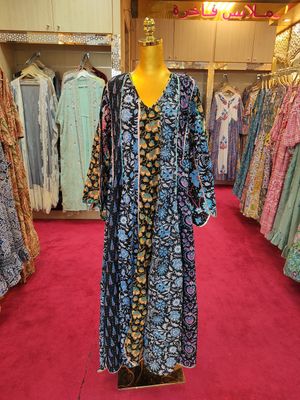 S/M Meher Crystal Black Printed Cotton Dress 57&quot; Long Jalabiya