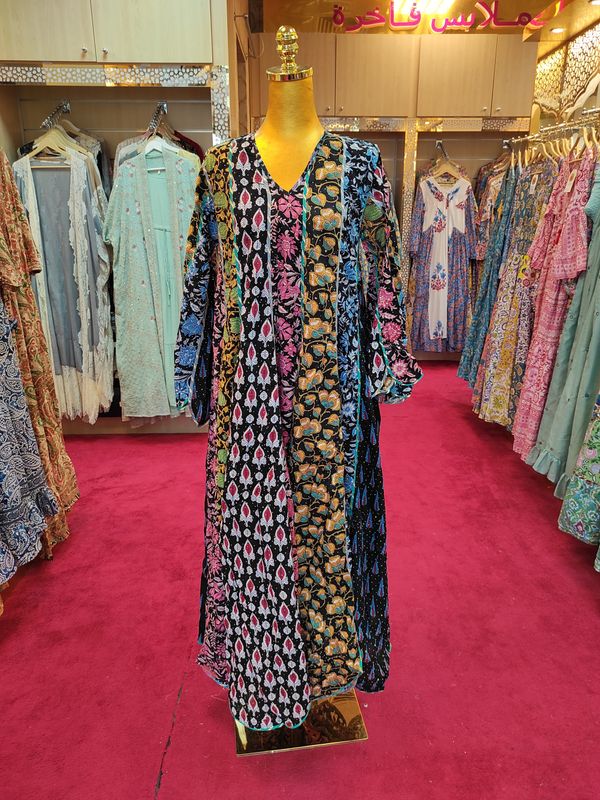 S/M Meher Crystal Black Printed Cotton Dress 57&quot; Long Jalabiya