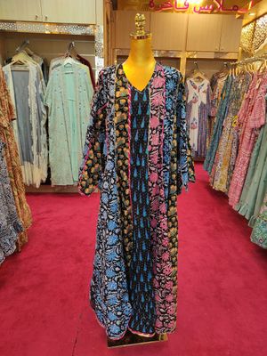 S/M Meher Crystal Black Printed Cotton Dress 57&quot; Long Jalabiya