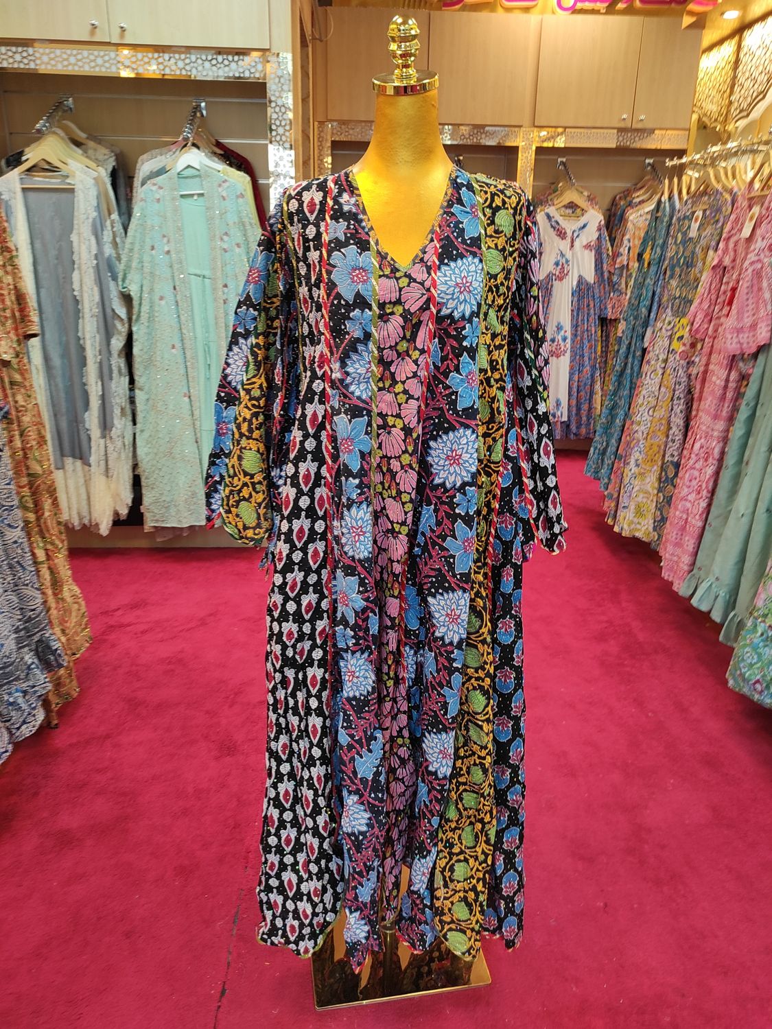 S/M Meher Crystal Black Printed Cotton Dress 57&quot; Long Jalabiya
