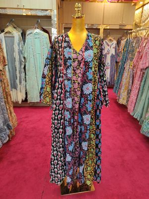 S/M Meher Crystal Black Printed Cotton Dress 57&quot; Long Jalabiya