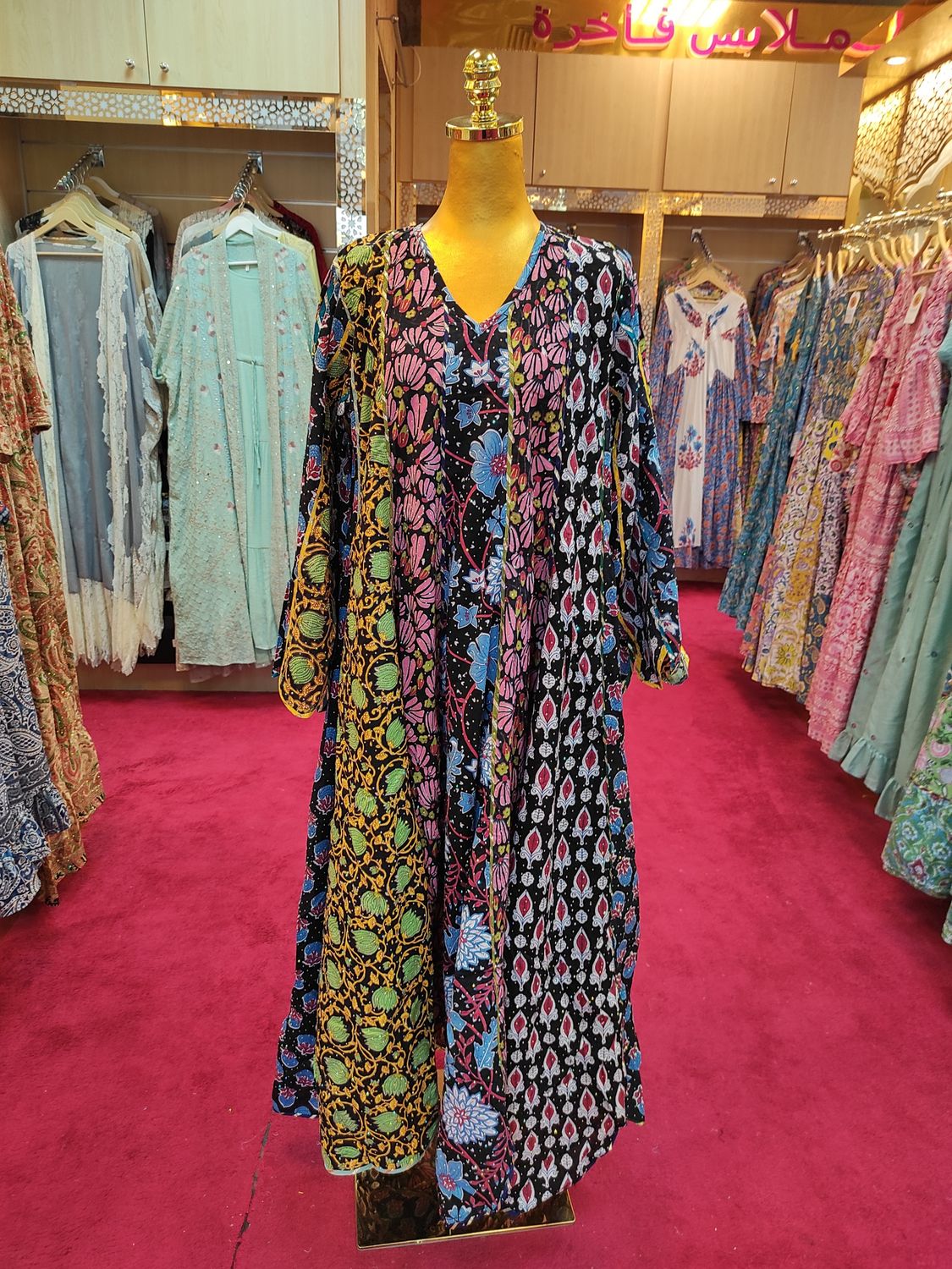 S/M Meher Crystal Black Printed Cotton Dress 57&quot; Long Jalabiya