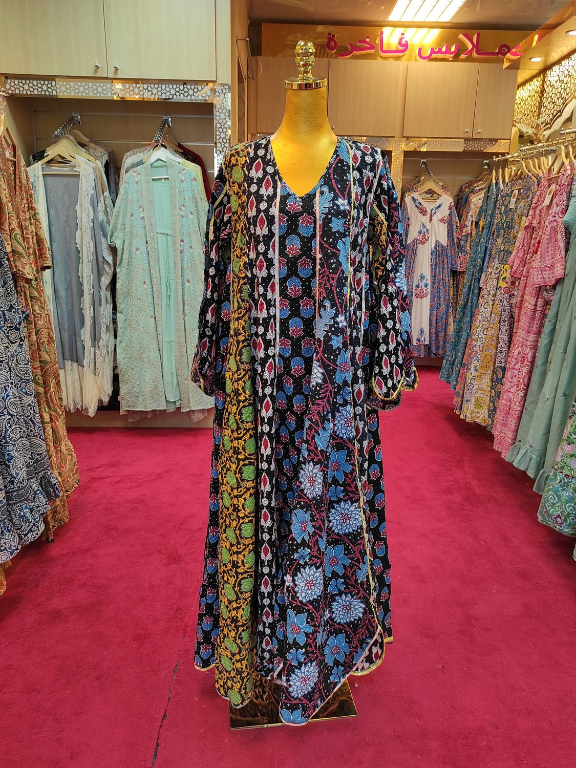 S/M Meher Crystal Black Printed Cotton Dress 57&quot; Long Jalabiya
