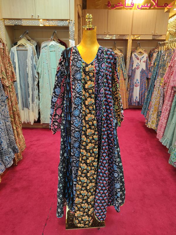 S/M Meher Crystal Black Printed Cotton Dress 57&quot; Long Jalabiya