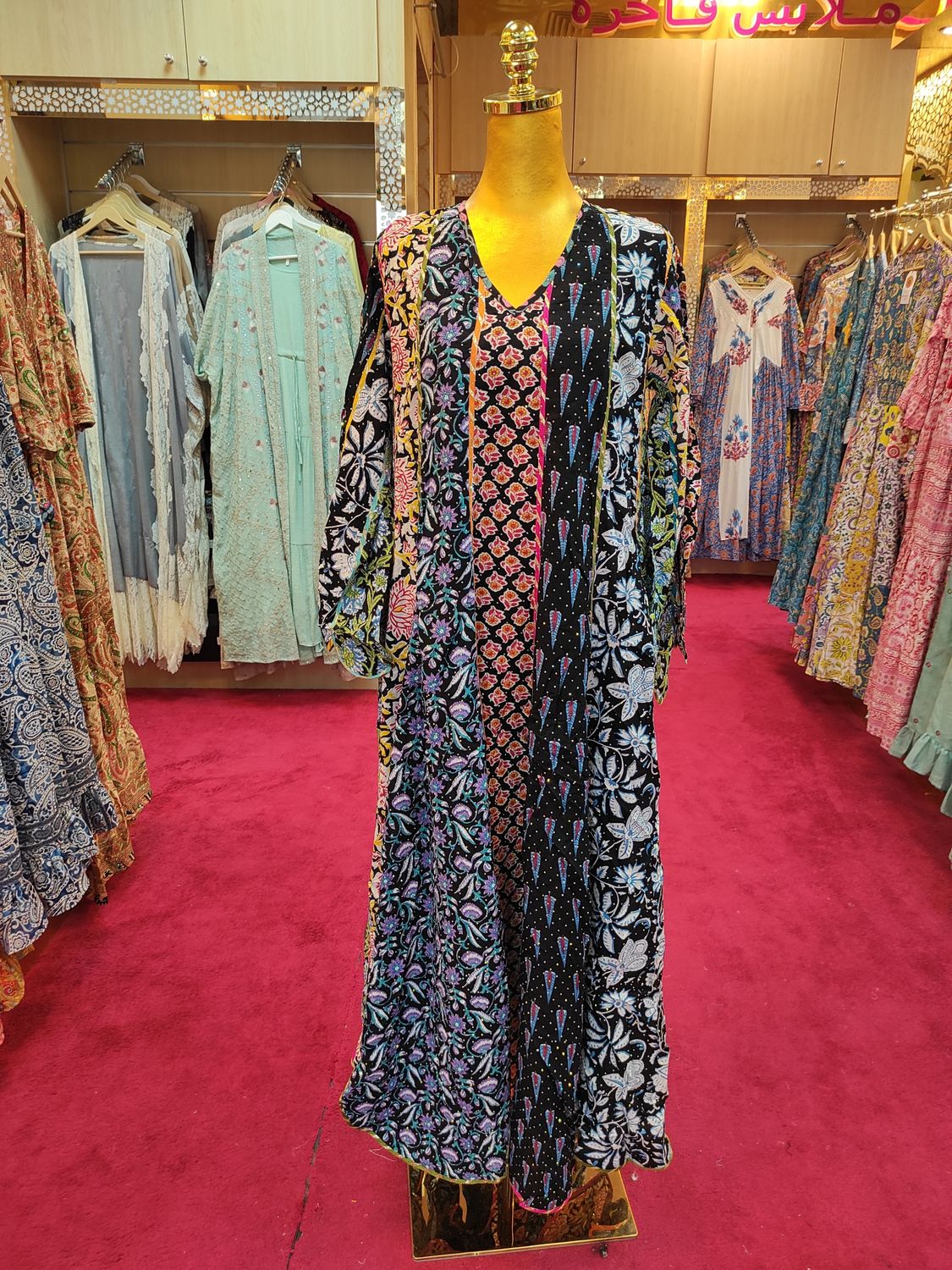 S/M Meher Crystal Black Printed Cotton Dress 57&quot; Long Jalabiya