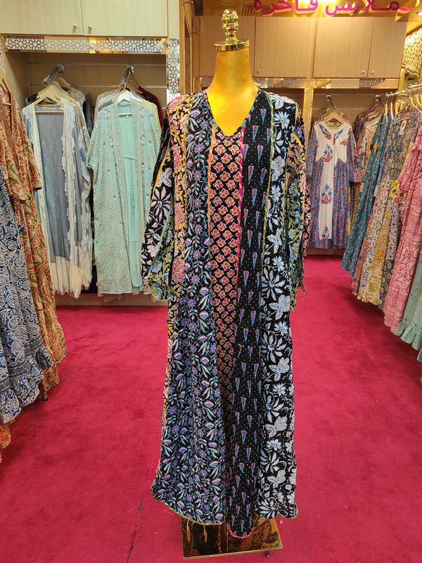 S/M Meher Crystal Black Printed Cotton Dress 57&quot; Long Jalabiya