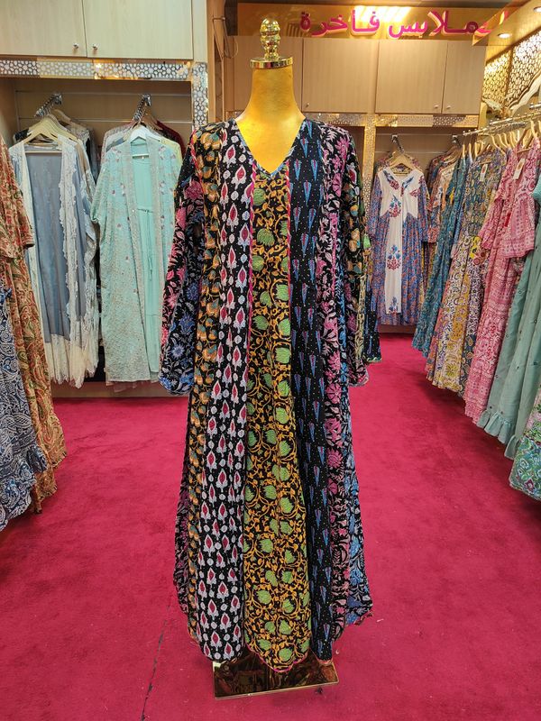 S/M Meher Crystal Black Printed Cotton Dress 57&quot; Long Jalabiya
