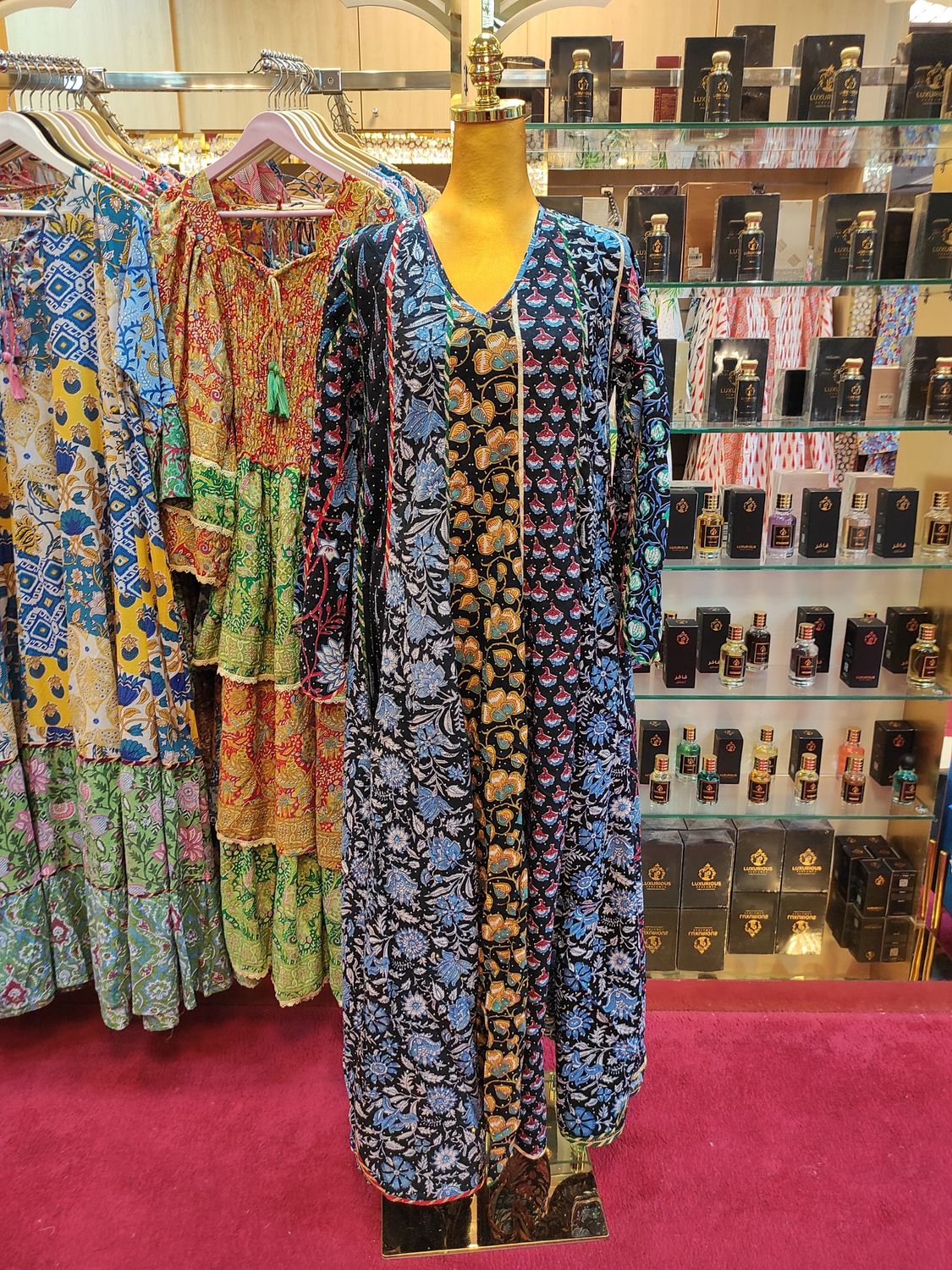 S/M Meher Crystal Black Printed Cotton Dress 57&quot; Long Jalabiya