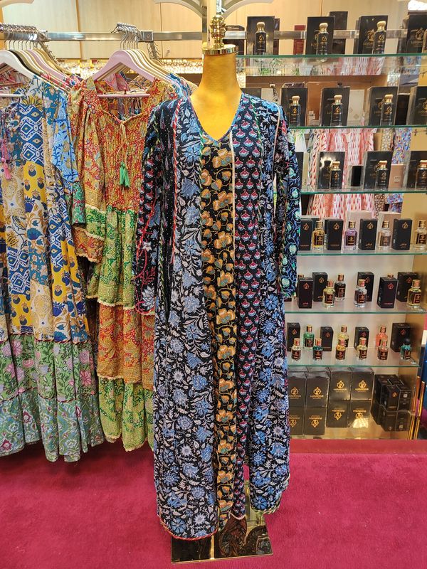 S/M Meher Crystal Black Printed Cotton Dress 57&quot; Long Jalabiya