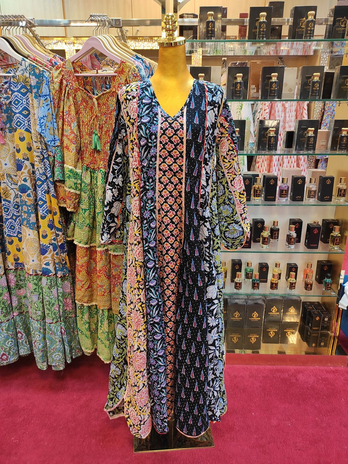 S/M Meher Crystal Black Printed Cotton Dress 57&quot; Long Jalabiya
