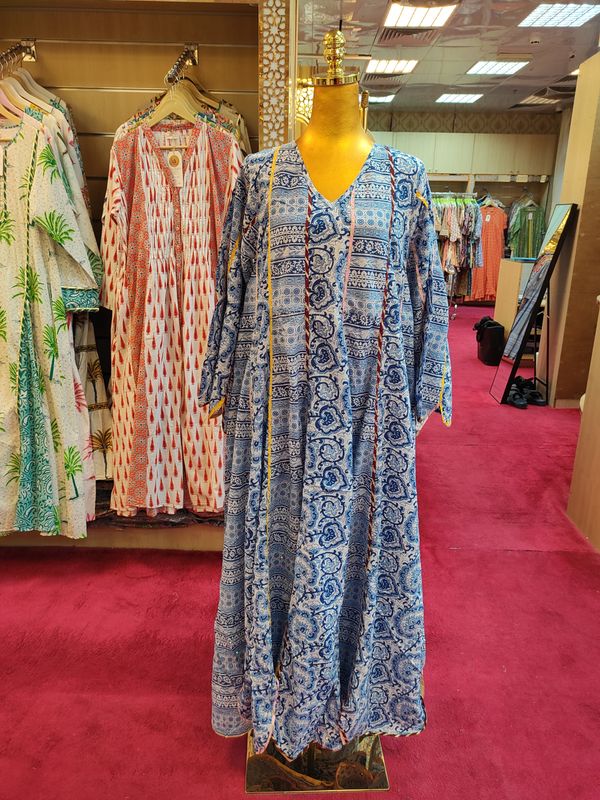 S/M  Meher Crystal Leavf Multi Printed Cotton  Dress 57&quot; Long Jalabiya