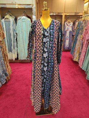 S/M Meher Crystal Black Printed Cotton Dress 57&quot; Long Jalabiya