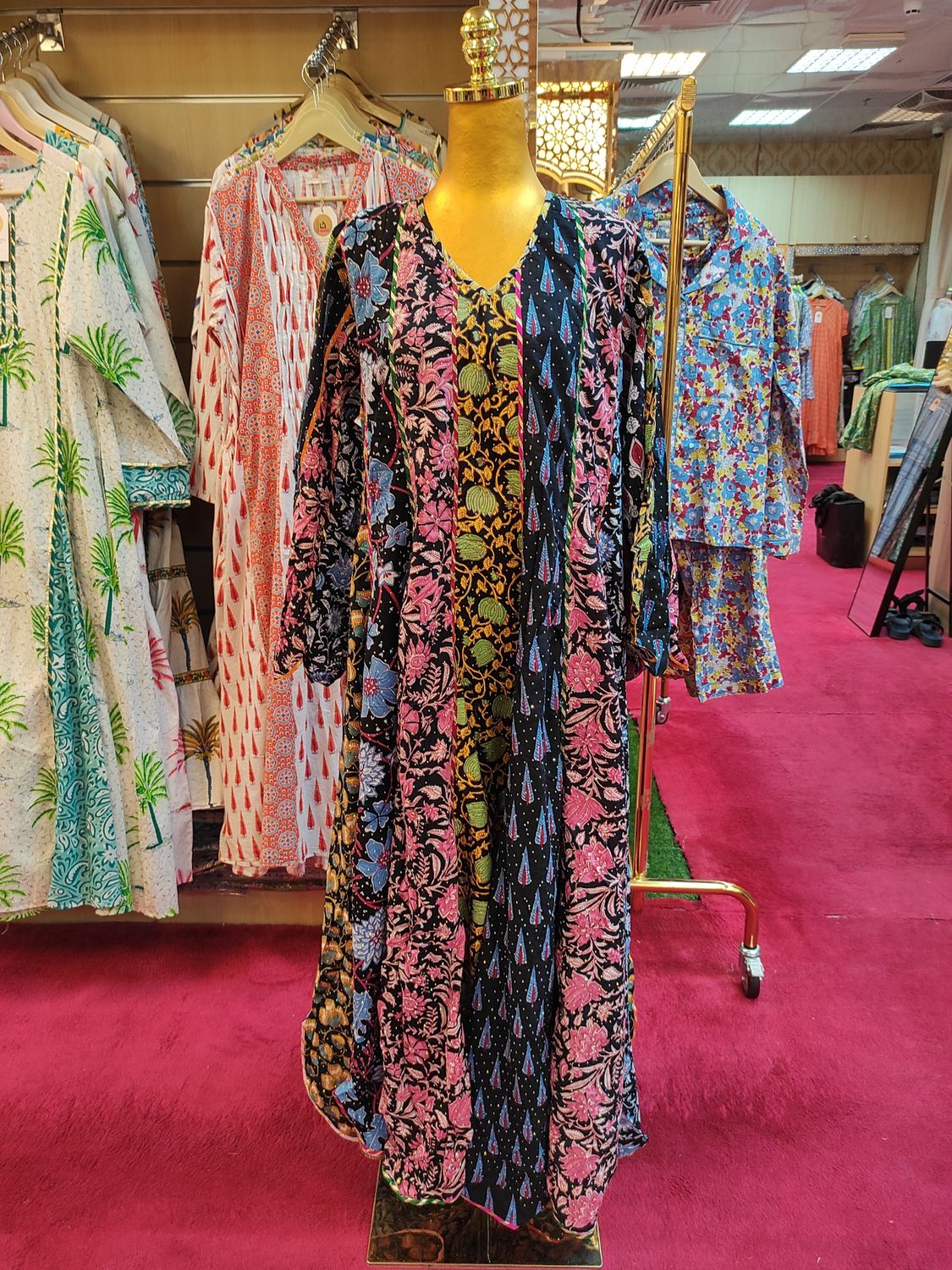 L/XL Meher Crystal Black Multi Printed Cotton Dress 56&#39;&#39; Long Jalabiya