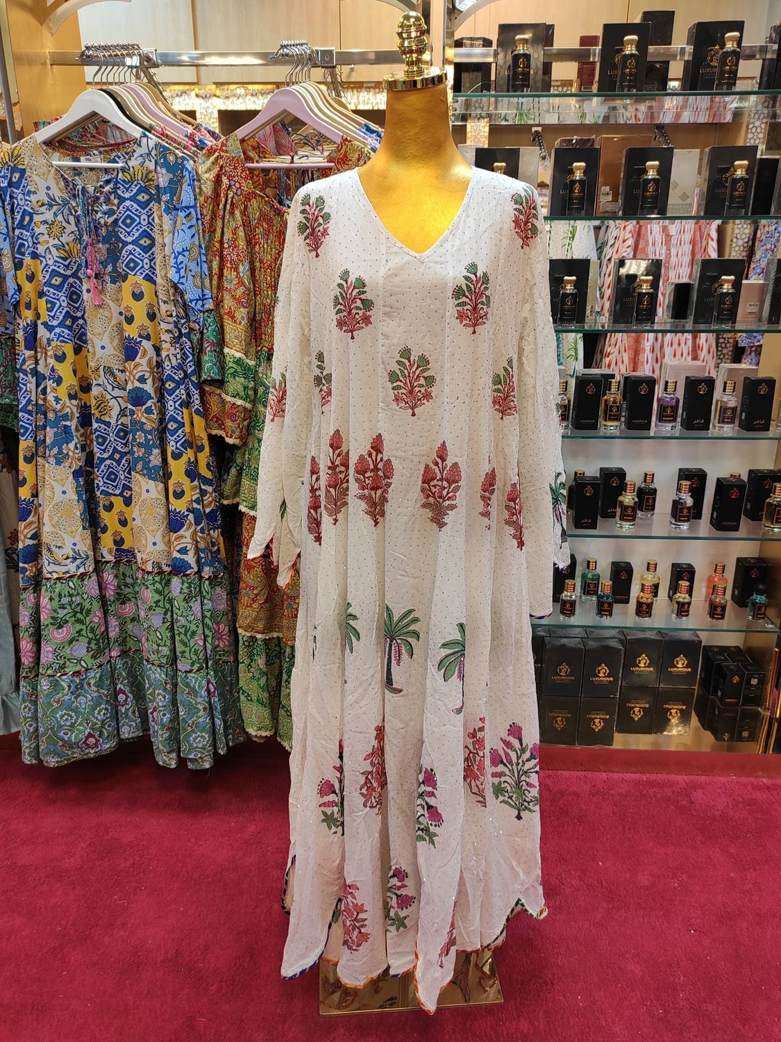 L/XL Meher Crystal White Multi Cotton Dress 56&quot; Long Jalabiya