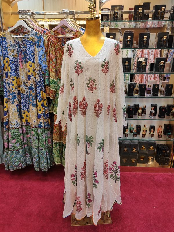 L/XL Meher Crystal White Multi Cotton Dress 56&quot; Long Jalabiya