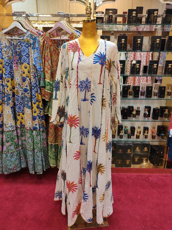 L/XL Meher Crystal White Multi Cotton Dress 56&quot; Long Jalabiya