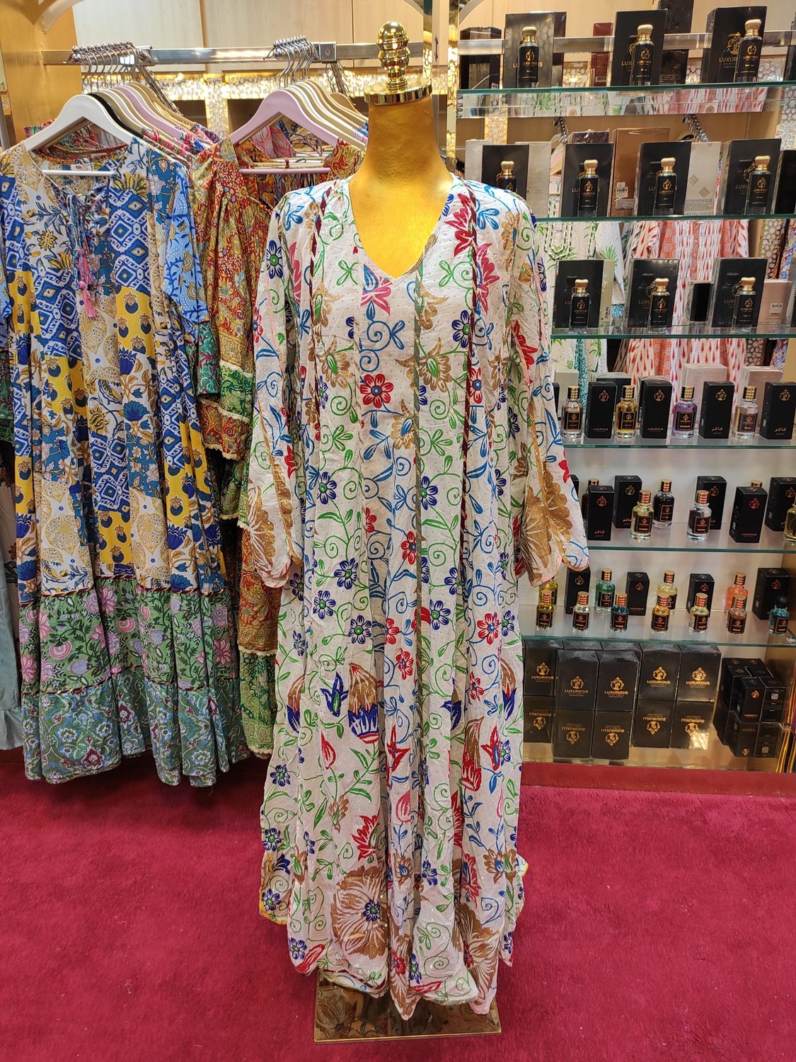 L/XL Meher Crystal White Multi Cotton Dress 56&quot; Long Jalabiya